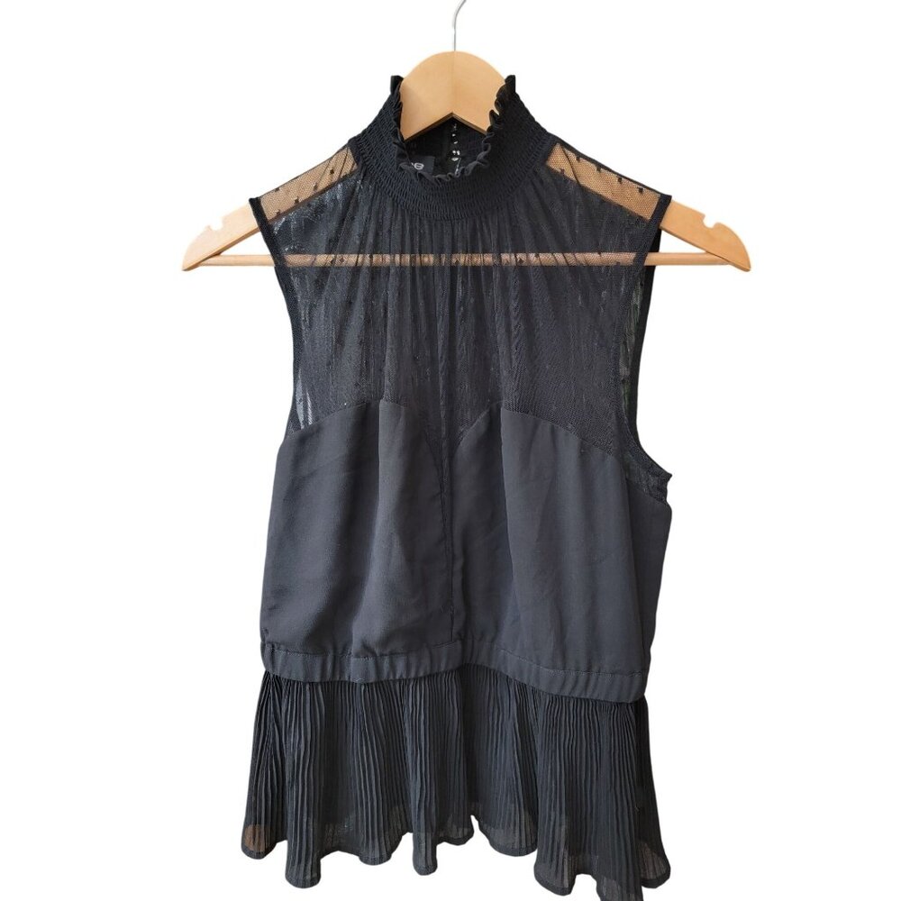 Bebe Womens Black Sleeveless Sheer Mesh Top With Pleated Hem Size M